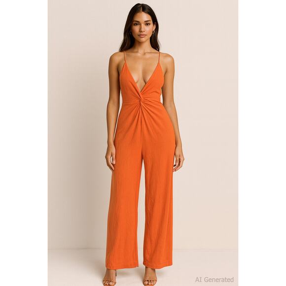 Forever 21 Orange Open Back Wide Leg Linen Blend Jumpsuit – Size L NWOT - Picture 1 of 8